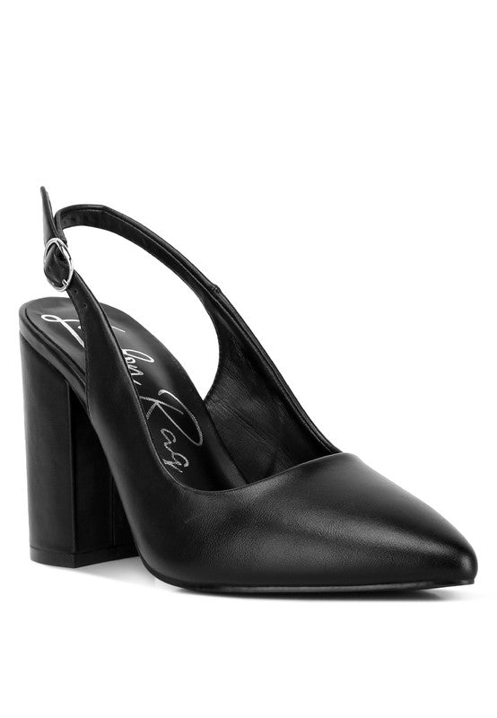 Front angle of black Creidne Block Heel Sandals with pointed toe design