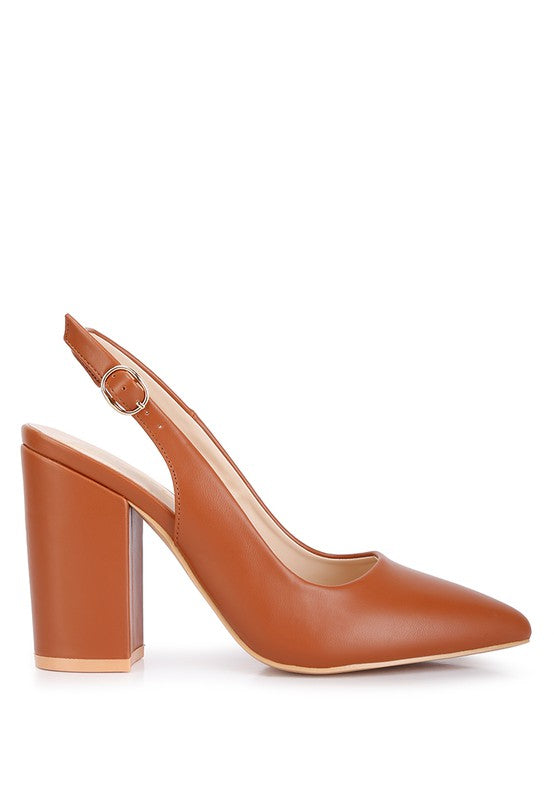 Lateral view of tan Creidne Block Heel Sandals highlighting buckle strap
