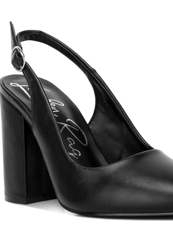 Close-up of black Creidne Block Heel Sandals pin buckle fastening