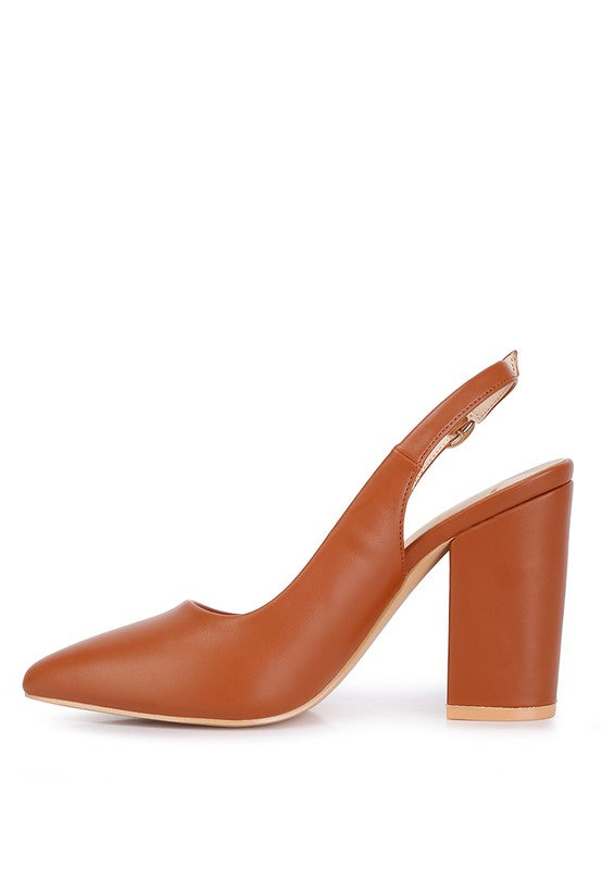 Medial view of tan Creidne Block Heel Sandals with sleek pointed toe