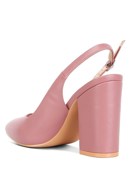 Back angle of blush Creidne Block Heel Sandals with strap detail