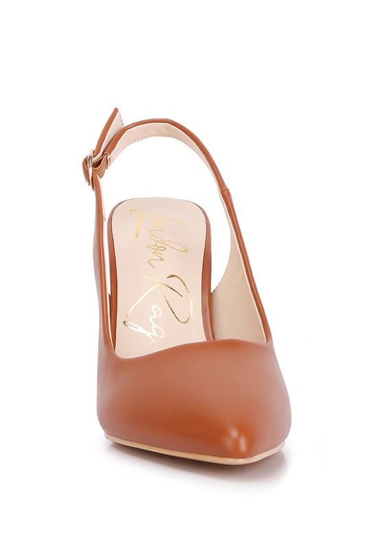 Front view of tan Creidne Block Heel Sandals with closed pointed toe