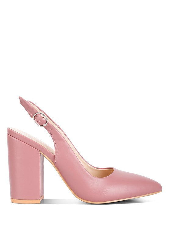 Side view of blush Creidne Block Heel Sandals showing block heel