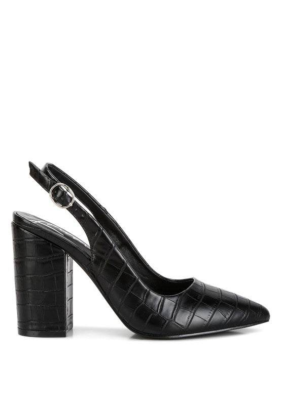 Side view of black Macha Croc Textured Slingback Heels