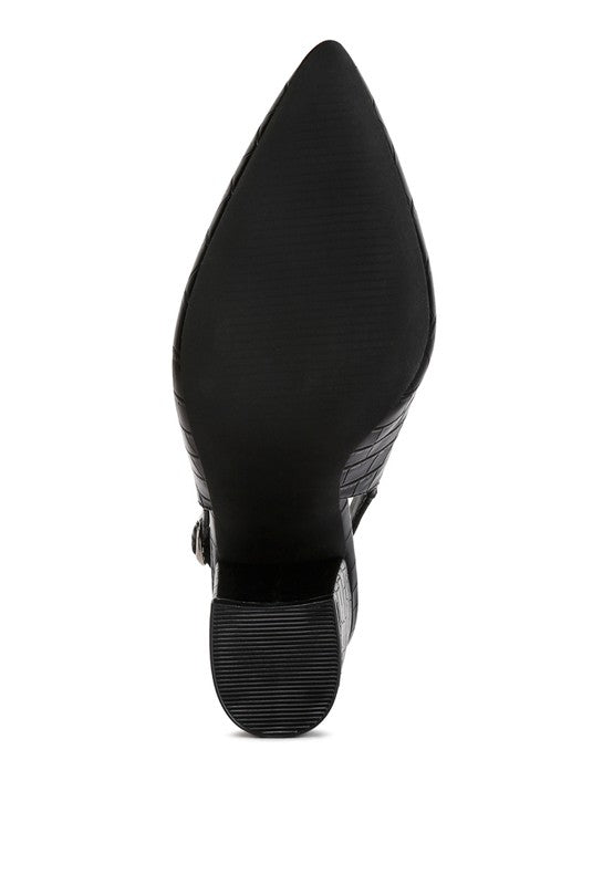 Bottom sole view of black Macha Croc Textured Slingback Heels