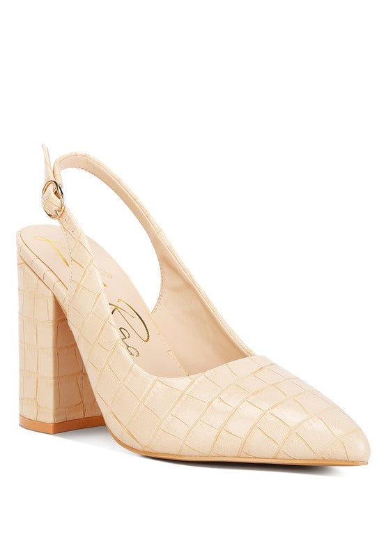 Front angle of beige Macha Croc Textured Slingback Heels