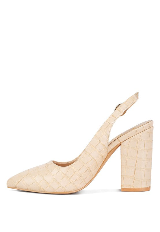 Side view of beige Macha Croc Textured Slingback Heels