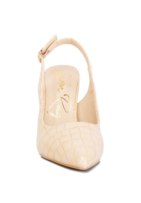 Front view showing pointed toe beige Macha Croc Textured Slingback Heels
