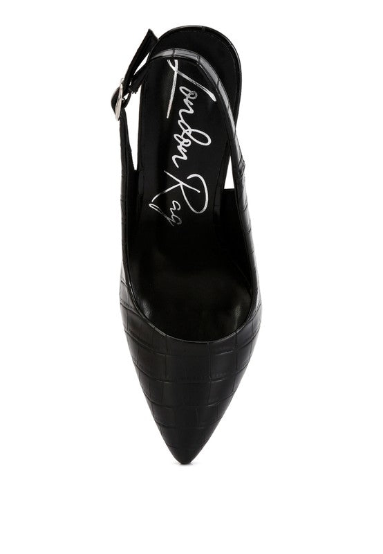 Top view of black Macha Croc Textured Slingback Heels showing insole branding