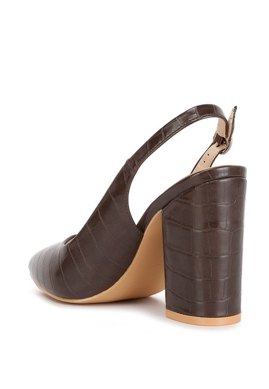 Back angle of brown Macha Croc Textured Slingback Heels
