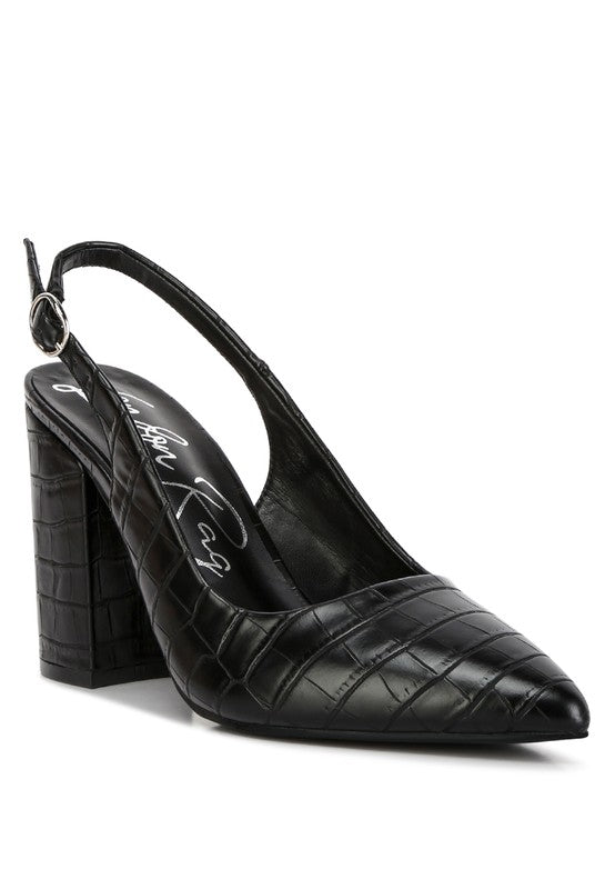 Front angle of black Macha Croc Textured Slingback Heels