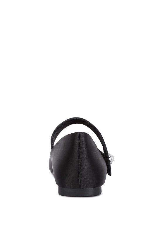 Black Albi Mary Jane Flats back view showing satin finish
