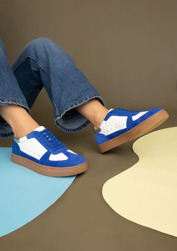 Blue Sheena Lace Up Sneakers in leather and suede with round toe and white sole.