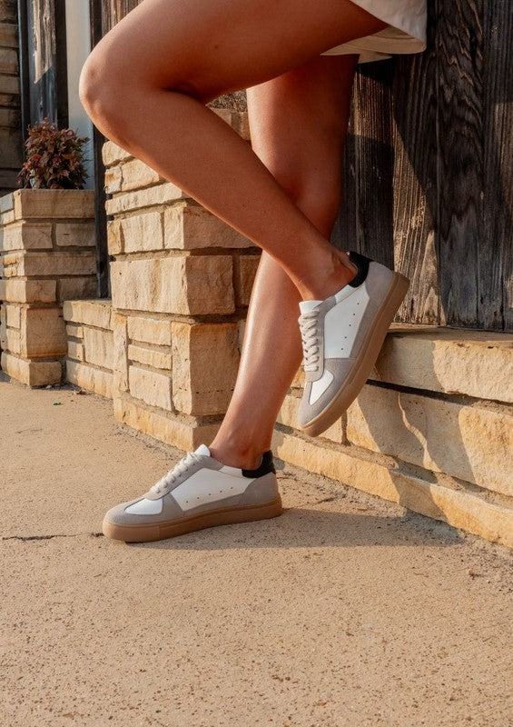 Taupe Sheena Lace Up Sneakers in leather and suede with round toe and white sole.