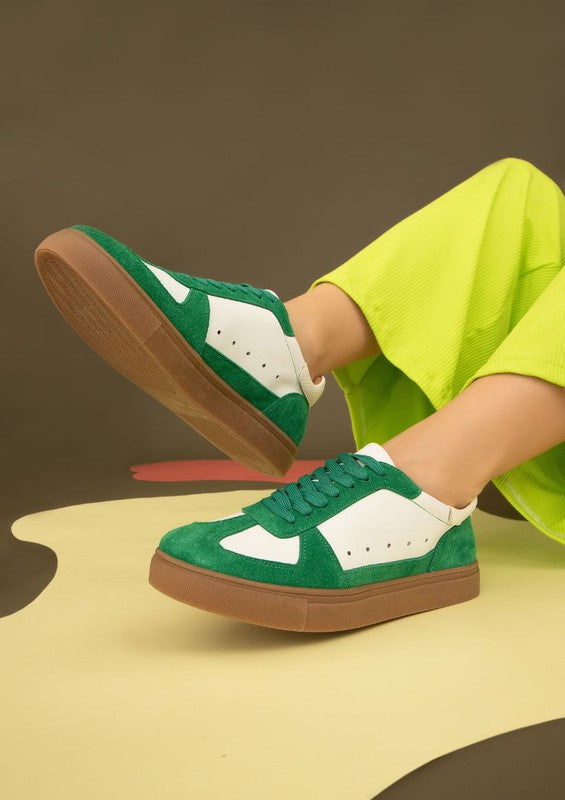 Green Sheena Lace Up Sneakers in leather and suede with round toe and white sole.