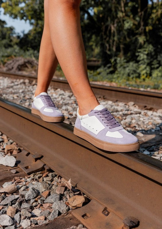 Lilac Sheena Lace Up Sneakers in leather and suede with round toe and white sole.