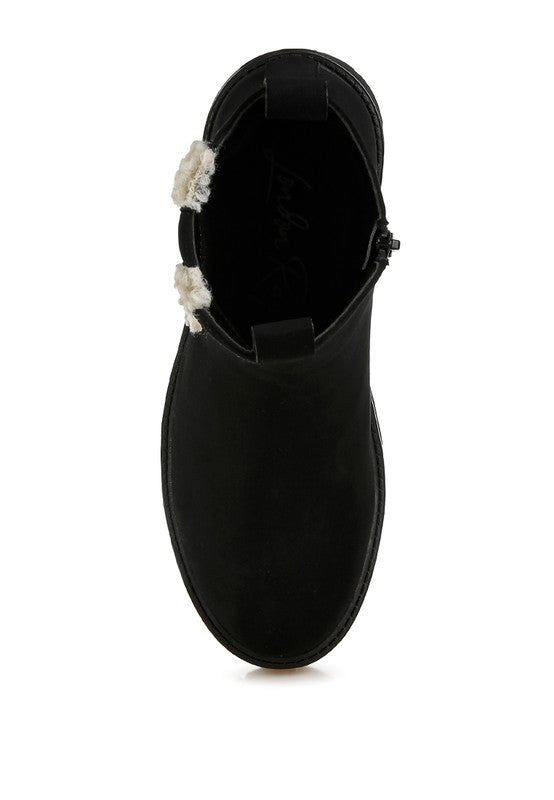 Top view of Black Mothman Chunky Ankle Boots showing rounded toe shape and faux fur trim.