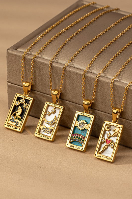 Tarot Card Natural Stone Pendant Necklaces in Sun, Moon, Star, and Lover designs with gold-tone chains and rhinestone accents.