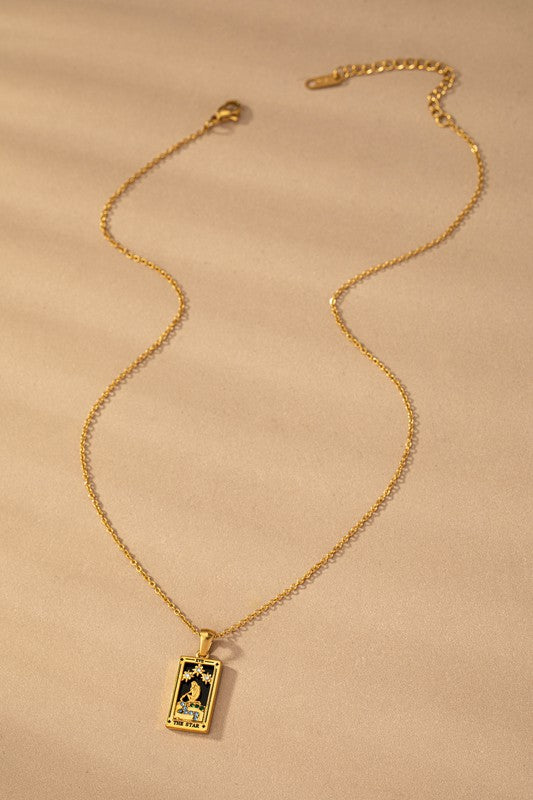 Tarot Card Lover Pendant Necklace with heart and mother of pearl background on gold-tone chain.