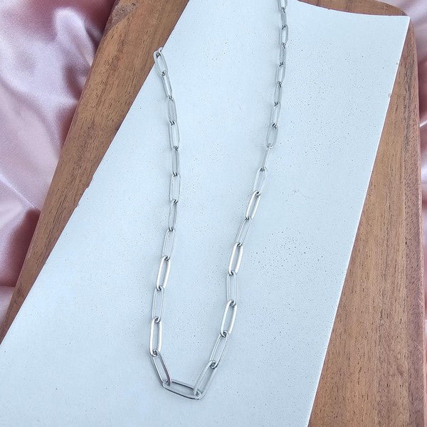 Nissa Silver Paperclip Chain Necklace, 18-inch stainless steel with shiny PVD finish, waterproof, tarnish-resistant, hypoallergenic.