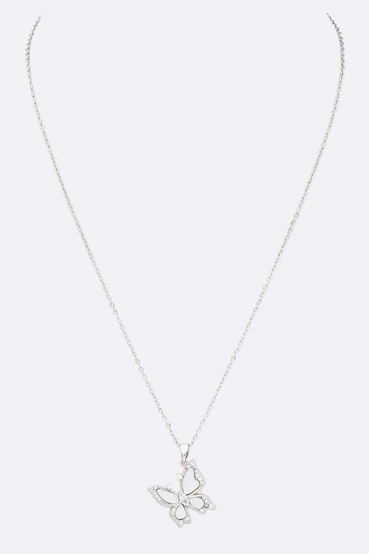 Mother of Pearl Butterfly Necklace with cubic zirconia accents on rhodium-plated 16-inch chain and 2-inch extension.
