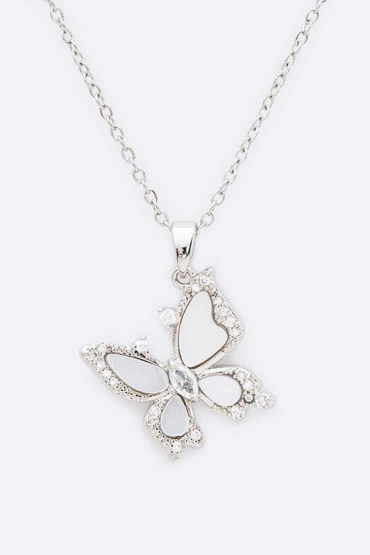 Close-up of Mother of Pearl Butterfly Pendant with cubic zirconia accents set in rhodium-plated finish.
