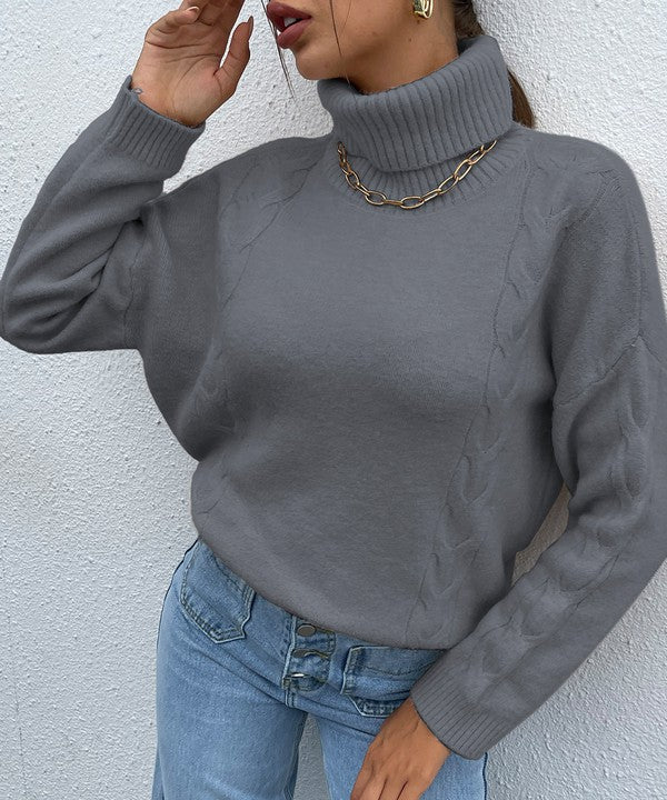 Front view of Wrently Grey Drop Shoulder Turtleneck Sweater with smooth, non-sheer knit.