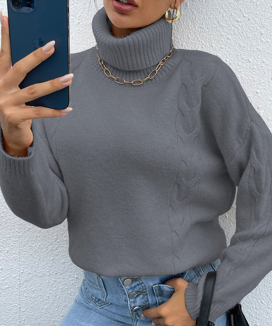 Front view of Wrently Turtleneck Sweater in grey with drop shoulder fit and high-stretch knit.