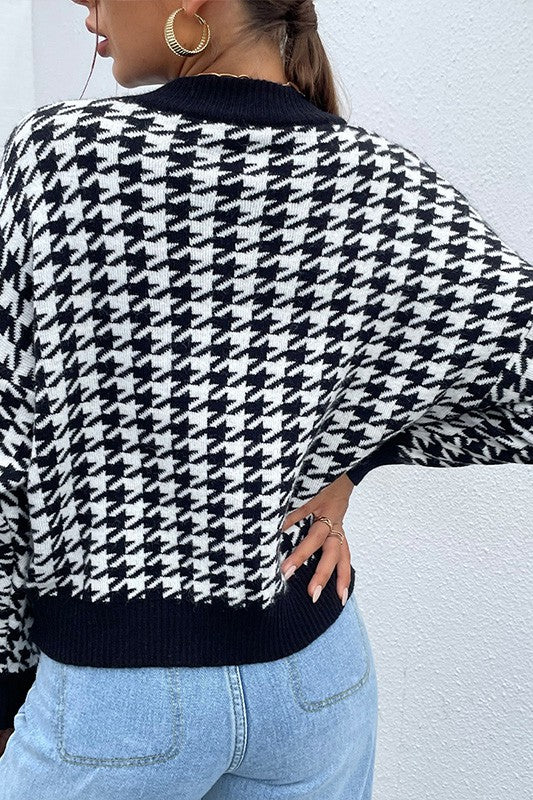 Back view of Delaney Black Houndstooth Sweater showing relaxed fit