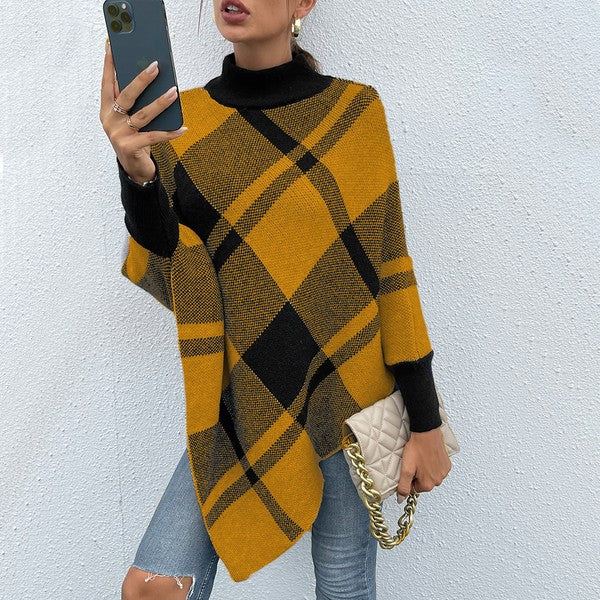 Murphie Plaid Knit Poncho, yellow plaid with mock neck, fall layering style front view