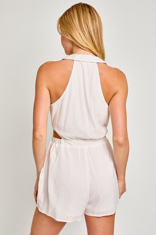 Tanwen Collared Sleeveless Romper - Button-Down, Pockets, Stretch Fabric