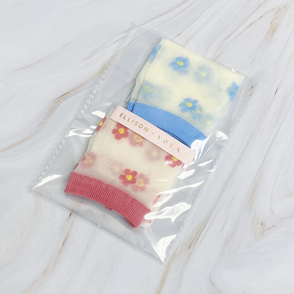 Shiloh Mini Flower Sheer Socks - 2-Pack, Blue & Red Floral, One Size