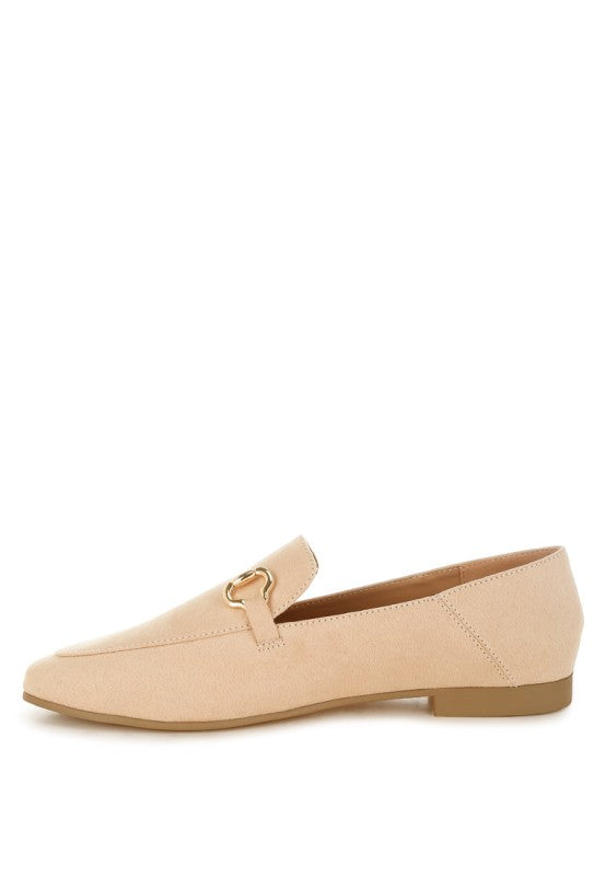 Beige Noltas Flat Loafers highlighting cushioned insole and horsebit charm.