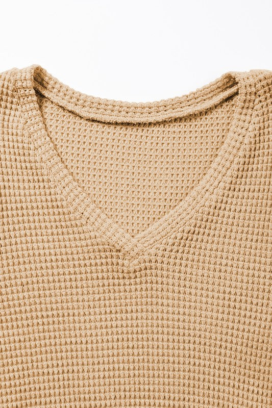 Ming Tulip Sleeve Waffle Knit Top – V-Neck, Casual, Khaki Beige