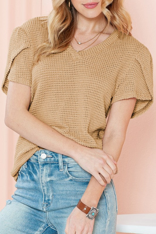 Ming Tulip Sleeve Waffle Knit Top – V-Neck, Casual, Khaki Beige