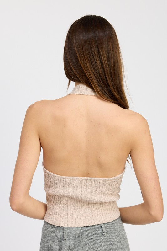 Back view of Julie Ribbed Halter Neck Top in taupe with halter tie detail.