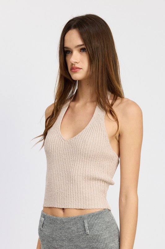 Side view of Julie Ribbed Halter Neck Top in taupe, cropped and sleeveless.