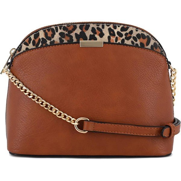 Brown Leopard Accent Crossbody Bag with leopard trim, gold hardware chain, secure top zipper, and exterior slips.