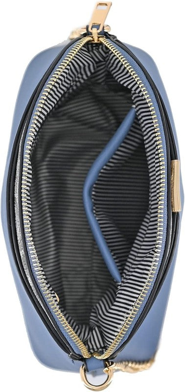 Blue Grey Leopard Accent Crossbody Bag opened to show striped lining with interior zip and slip pockets.