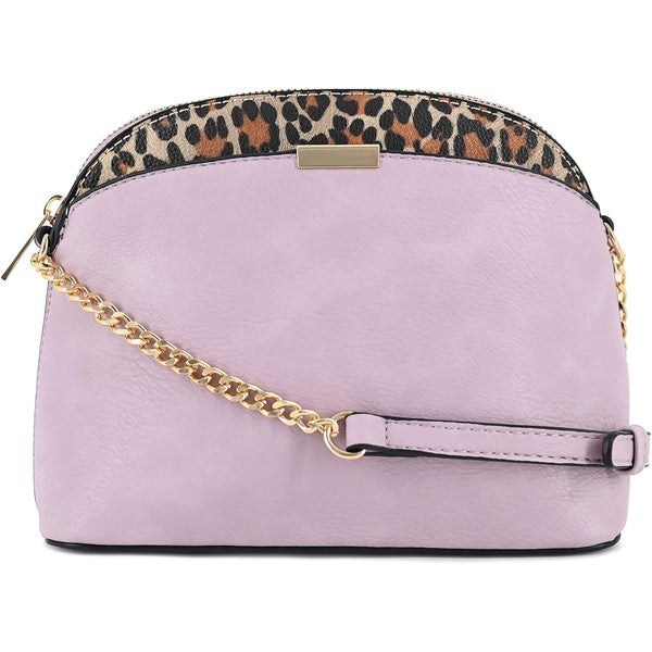Lilac Leopard Accent Crossbody Bag showcasing leopard trim, gold chain strap, zip top, and adjustable crossbody fit.