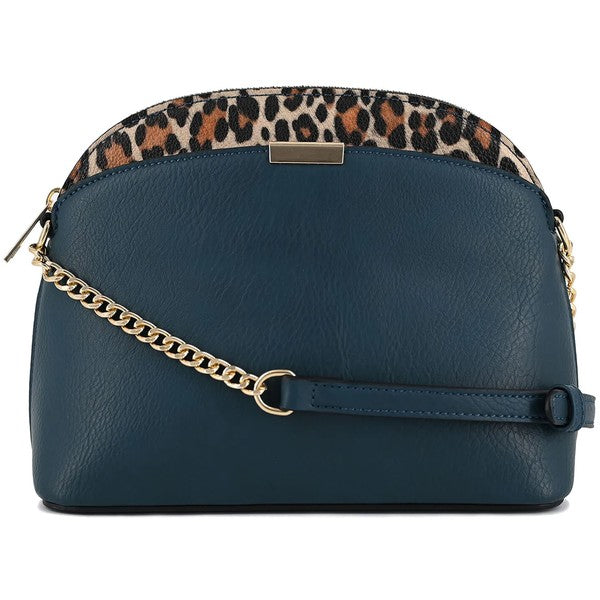 Deep Teal Leopard Accent Crossbody Bag, dome silhouette with leopard trim, chain strap, and zip closure.