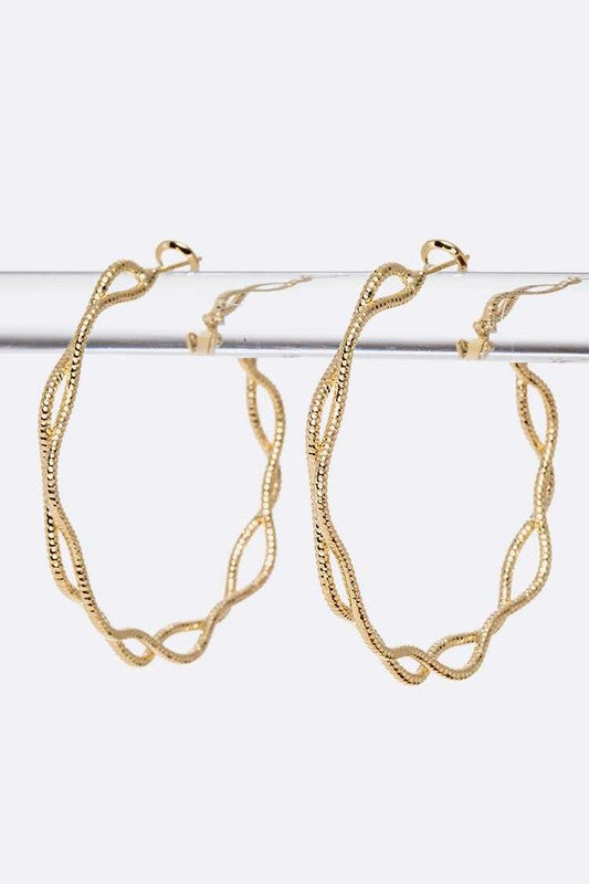 Gold Woven Iconic Hoop Earrings with intricate woven texture and 2-inch drop.