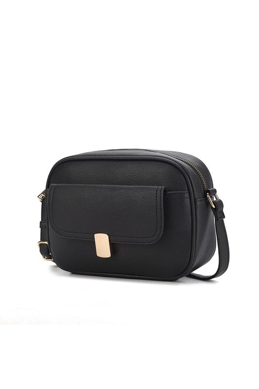 Front angle of black Michaela Vegan Leather Shoulder Bag with chain-link strap and gold-tone hardware.