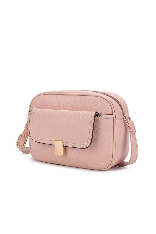Front angle of pink Michaela Vegan Leather Shoulder Bag with gold-tone hardware and zipper closure.