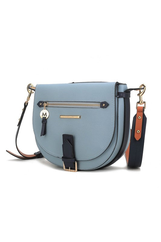 Denim Drew Color Block Shoulder Bag with gold-tone hardware and removable adjustable strap.