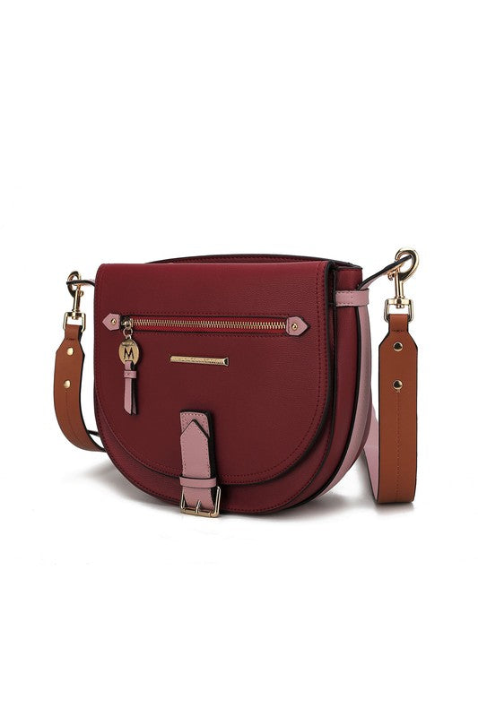 Wine Drew Color Block Shoulder Bag with gold-tone hardware and removable adjustable strap.