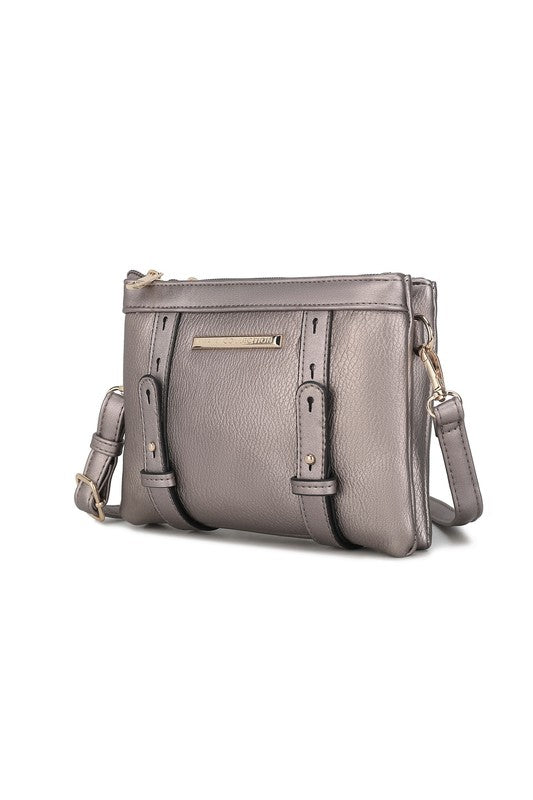 Front view of pewter Elsie crossbody bag with gold hardware and zip closure.