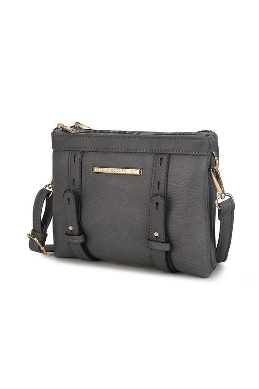 Front view of charcoal Elsie crossbody bag with gold hardware and zip closure.