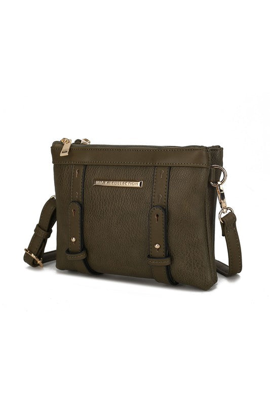 Front view of olive Elsie crossbody bag with gold hardware and zip closure.
