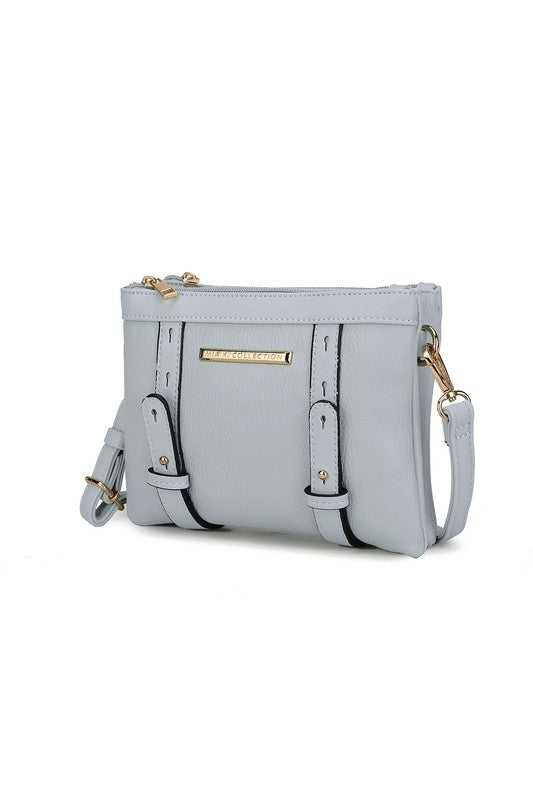Front view of blue Elsie crossbody bag with gold hardware and zip closure.